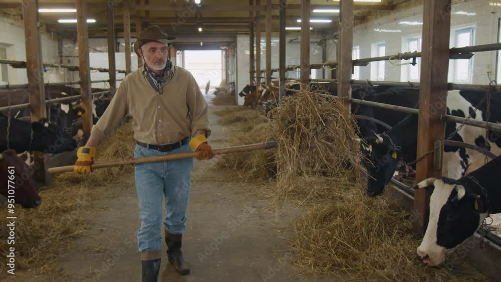 Full tracking shot of senior Caucasian male farmer with fork carrying hay with fork and giving to dairy cows ruminating in livestock barn, while doing routine work on organic farm Full tracking shot of senior Caucasian male farmer with fork carrying hay with fork and giving to dairy cows ruminating in livestock barn, while doing routine work on organic farm