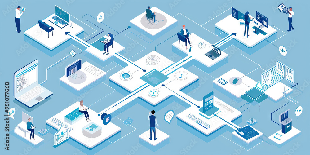 Project Team Workflow Workflow Efficiency Flowchart: A flowchart in soothing blue and white ...
