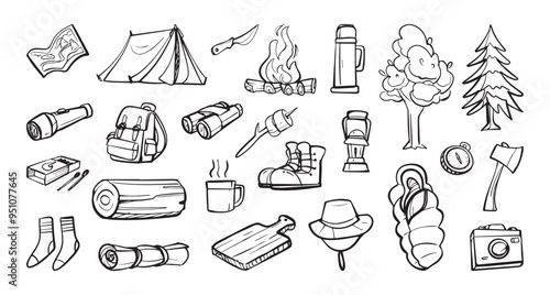 Hand drawn camping doodles including tent, campfire, trees, and gear. Vector cartoon illustration