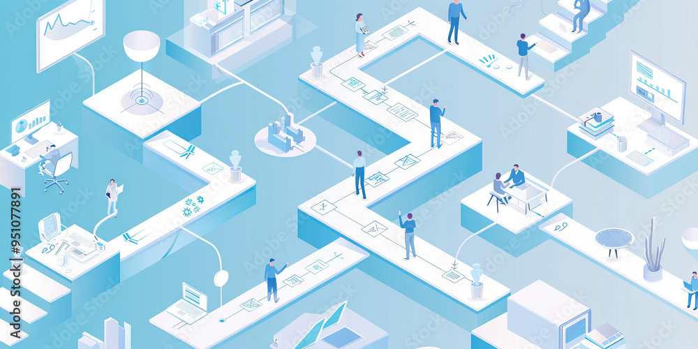 Workflow Efficiency Flowchart: A flowchart in soothing blue and white illustrates the most efficient process for completing tasks or projects within a team. Workflow Efficiency Flowchart: A flowchart in soothing blue and white illustrates the most efficient process for completing tasks or projects within a team.