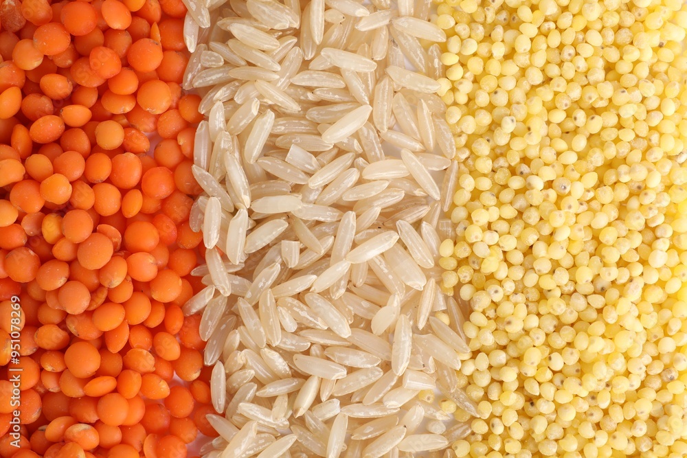 Different grains and cereals as background, top view Different grains and cereals as background, top view