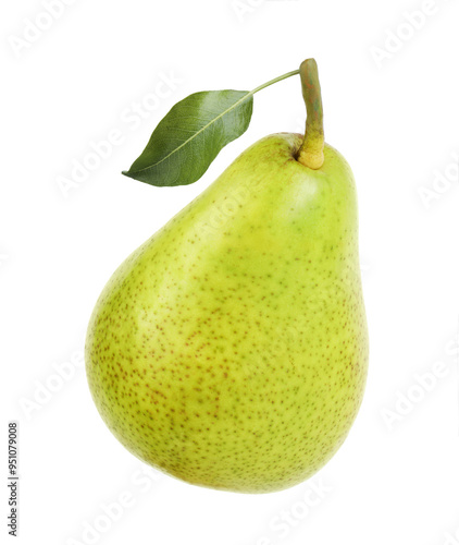 Fresh ripe pear with green leaf isolated on white