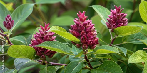 Large off center burgundy eastern sweetshrub flower profile above two soft focus flowers and numerous green leaves photo