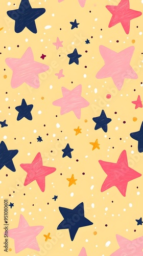 Pink Stars on Yellow Background, Abstract Image, Texture, Pattern, Wallpaper, Cover and Screen for Smartphone, PC, Laptop, 9:16 and 16:9 Format