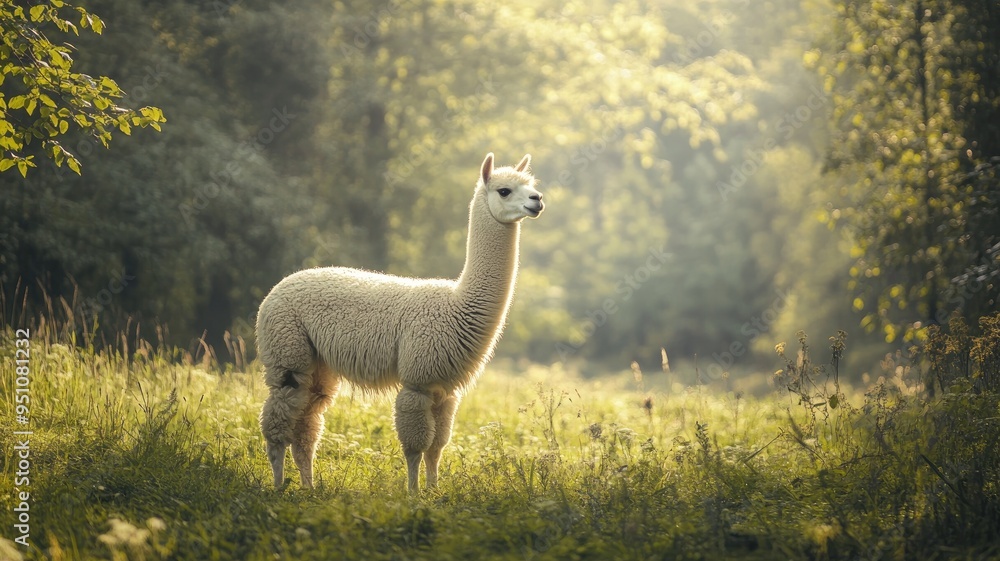 Fototapeta premium Alpaca standing in sunlit forest clearing, surrounded by lush greenery