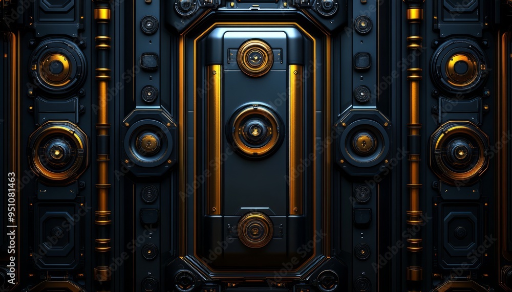 Abstract Futuristic Black and Gold Panel with Circular Elements Abstract Futuristic Black and Gold Panel with Circular Elements