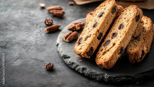 Almond and raisin biscotti on slate board with pecans walnuts side photo