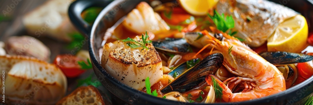 Seafood stew featuring fish, shellfish, and a rich broth. Seafood stew featuring fish, shellfish, and a rich broth.