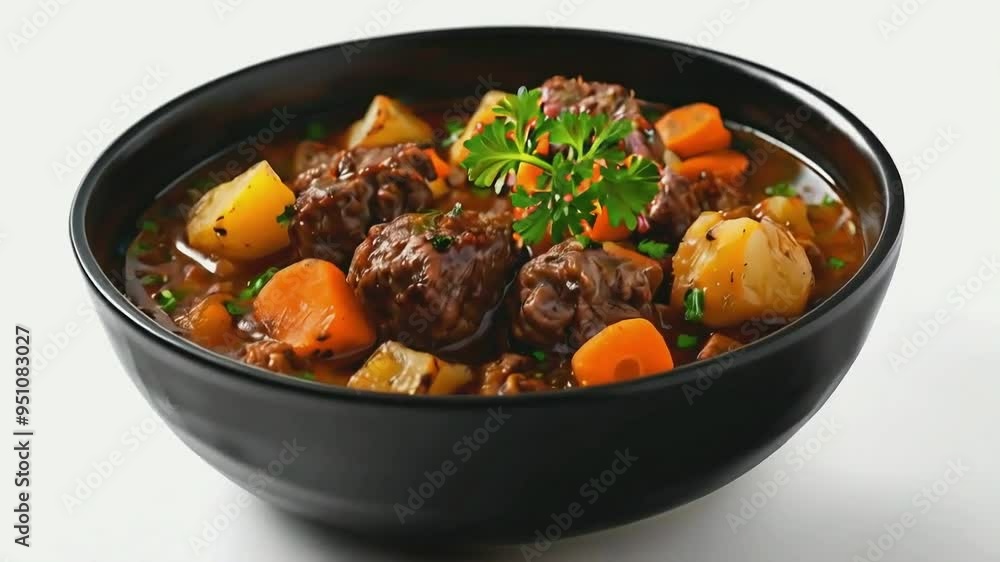 A bowl of Irish stew, showcasing the hearty chunks of lamb, potatoes, and carrots in a rich, savory broth, served on black bowl, isolated on white background A bowl of Irish stew, showcasing the hearty chunks of lamb, potatoes, and carrots in a rich, savory broth, served on black bowl, isolated on white background