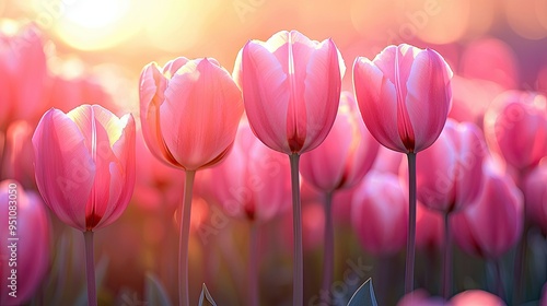 A high-resolution photo of a pastel-colored tulip field at sunrise, with the soft light illuminating the delicate petals, style of iDea24club #951083050