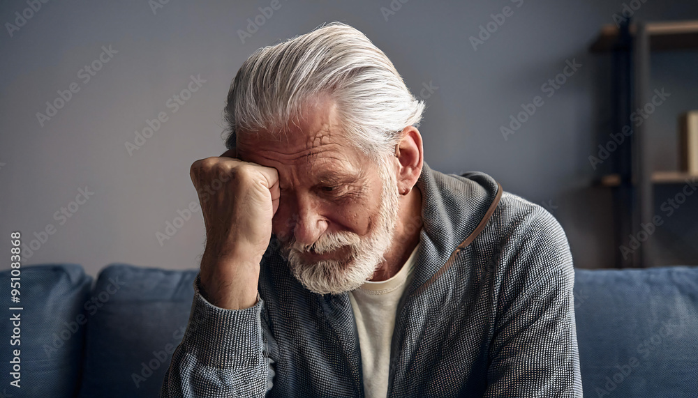 A lonely upset senior gray-haired man leaning his head in his hand sitting on the couch A lonely upset senior gray-haired man leaning his head in his hand sitting on the couch