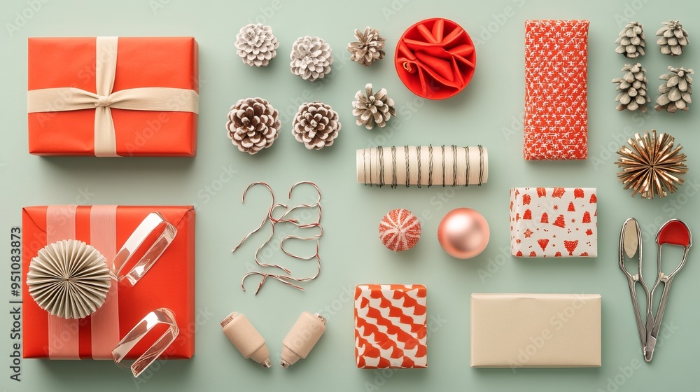Fototapeta premium Holiday Gift Wrapping Essentials: Flat Lay with Ribbons and Tags