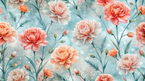 Carnation flowers in soft coral and salmon hues, arranged in a seamless repeating pattern on a misty blue background with gentle watercolor splatters and subtle texture.