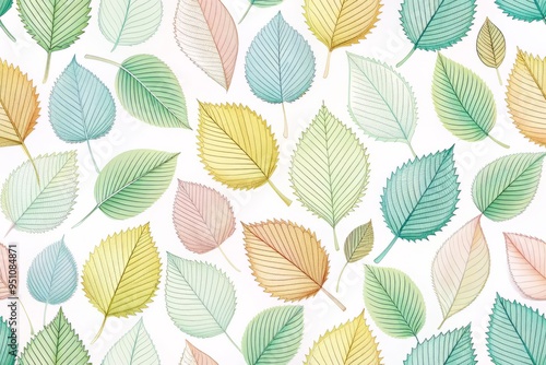 whimsical illustration of Elm leaves in pastel hues, scattered across a white background to create a peaceful and serene atmosphere, perfect for wallpaper or fabric design