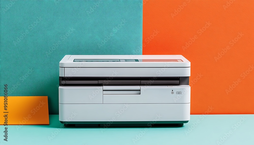 White Multifunction Printer on a Teal and Orange Background White Multifunction Printer on a Teal and Orange Background