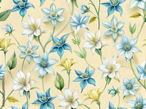 Wallpaper Mural Delicate blossoms of Columbine flowers in soft blues and creamy whites, arranged in a seamless repeating pattern on a pale yellow background, evoking a sense of springtime whimsy and innocence. Torontodigital.ca