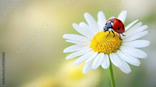 A close-up of a daisy with a ladybug on one of its petals, symbolizing simplicity, innocence, and the beauty of nature.