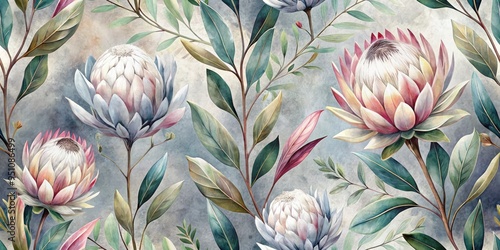 Dreamy protea blooms in a calming palette of pale blue, creamy white, and mauve, set against a subtle textured background, perfect for wrapping paper and wallpaper designs.