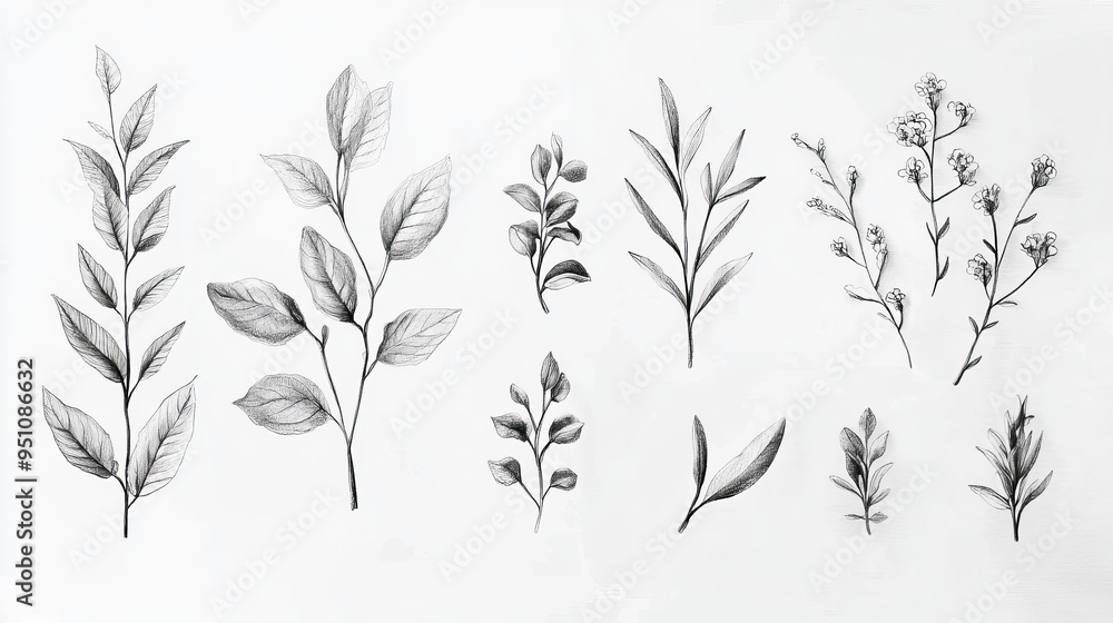 Naklejka premium Elegant Botanical Illustrations: Delicate Hand-Drawn Flowers on White Background