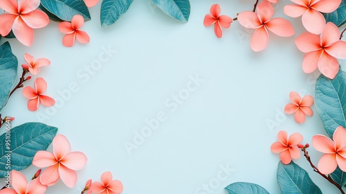 Small coral pink and sky blue summer leaves with tiny plumerias on a white backdrop Minimalistic, high resolution, clear sharp focus, hyperdetailed photo