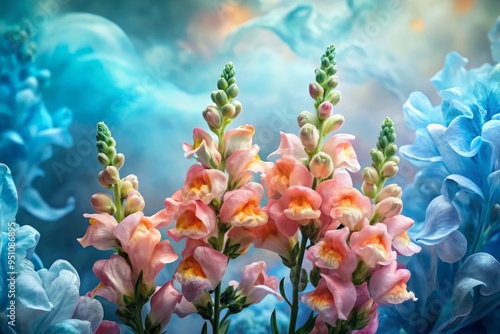 Snapdragons in soft coral and powder blue hues unfold like a garden of secrets, surrounded by swirls of watercolor paint and delicate linework, evoking a sense of mystique. photo