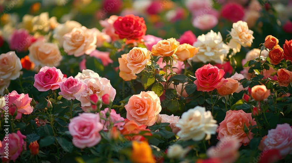 A garden full of blooming roses in various colors, creating a lush and romantic setting, perfect for floral and garden themes. A garden full of blooming roses in various colors, creating a lush and romantic setting, perfect for floral and garden themes.