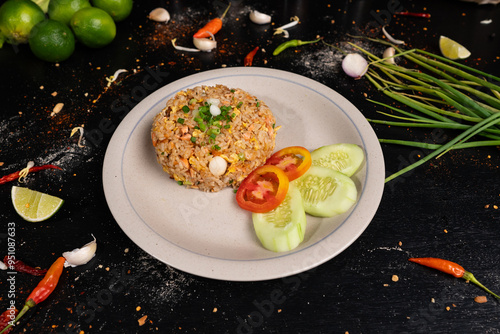 A satisfying plate of fried rice topped with fresh green onions and served with crisp vegetables. photo