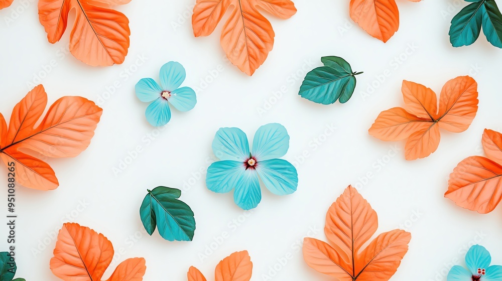 Fototapeta premium Delicate tangerine and aqua blue summer leaves with tiny hibiscus flowers on a white backdrop Minimalistic, high resolution, clear sharp focus, hyperdetailed