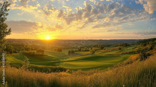 A panoramic view of a golf course during sunset, with the sky painted in warm colors and the landscape bathed in golden light.