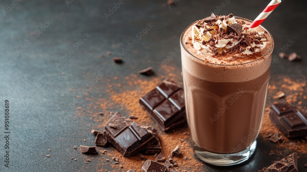 Creamy chocolate milkshake topped with whipped cream, shavings, served in tall glass straw Creamy chocolate milkshake topped with whipped cream, shavings, served in tall glass straw