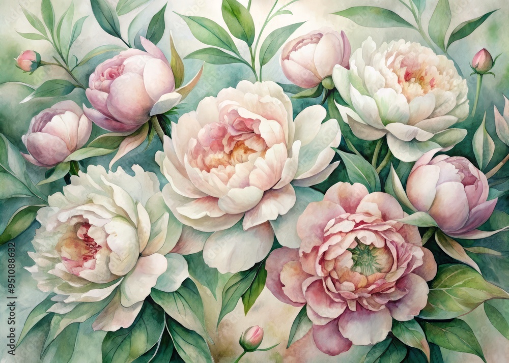 Dreamy, watercolor peonies in a palette of soft sage and blush, their petals softly overlapping to create a sense of depth and dimension. Dreamy, watercolor peonies in a palette of soft sage and blush, their petals softly overlapping to create a sense of depth and dimension.