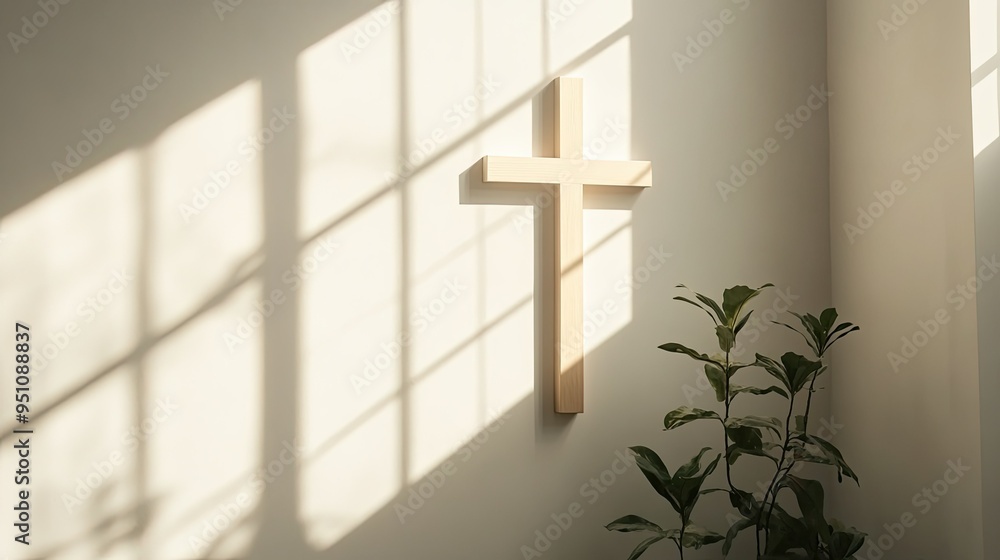 Naklejka premium A simple wooden cross hanging on a white wall, with soft sunlight filtering through a nearby window, symbolizing peace and reflection.