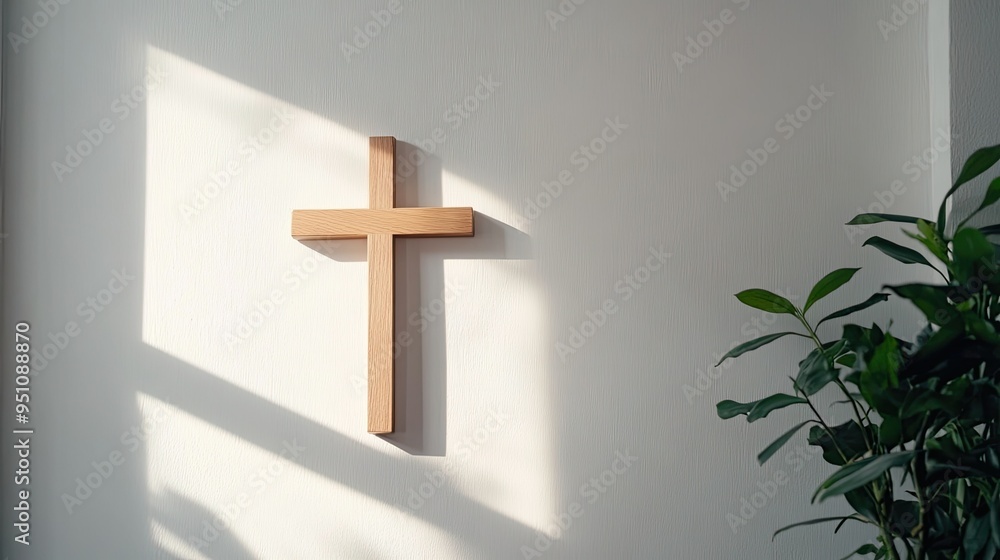Naklejka premium A simple wooden cross hanging on a white wall, with soft sunlight filtering through a nearby window, symbolizing peace and reflection.