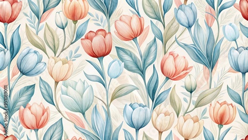 Tulips in a delicate, hand-painted style, featuring soft coral, powder blue, and creamy white hues, arranged in a seamless, repeating pattern, ideal for nursery and children's designs.