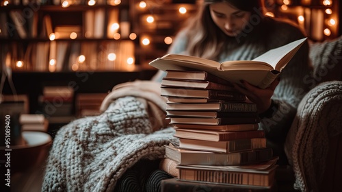 Cozy Reading Nook: Intimate Space of Concentration and Comfort, Stacks of Books, and Inviting Warm Lighting. Ideal for Personal Retreat and Literary Delight

 photo