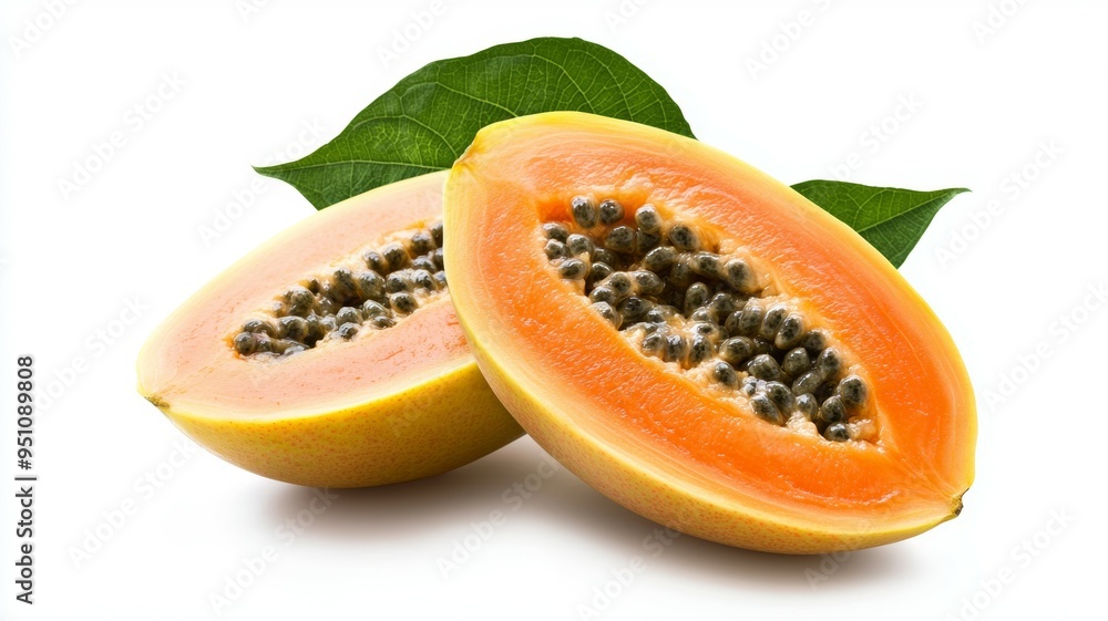 Two pieces of orange fruit with a green leaf on top Two pieces of orange fruit with a green leaf on top
