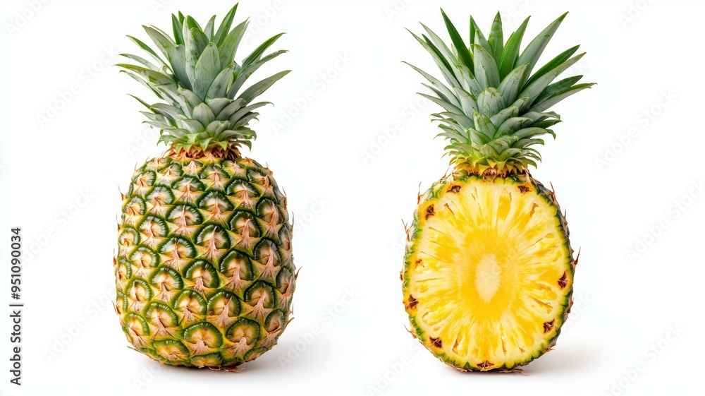 Two whole pineapple fruits with one of them cut in half Two whole pineapple fruits with one of them cut in half