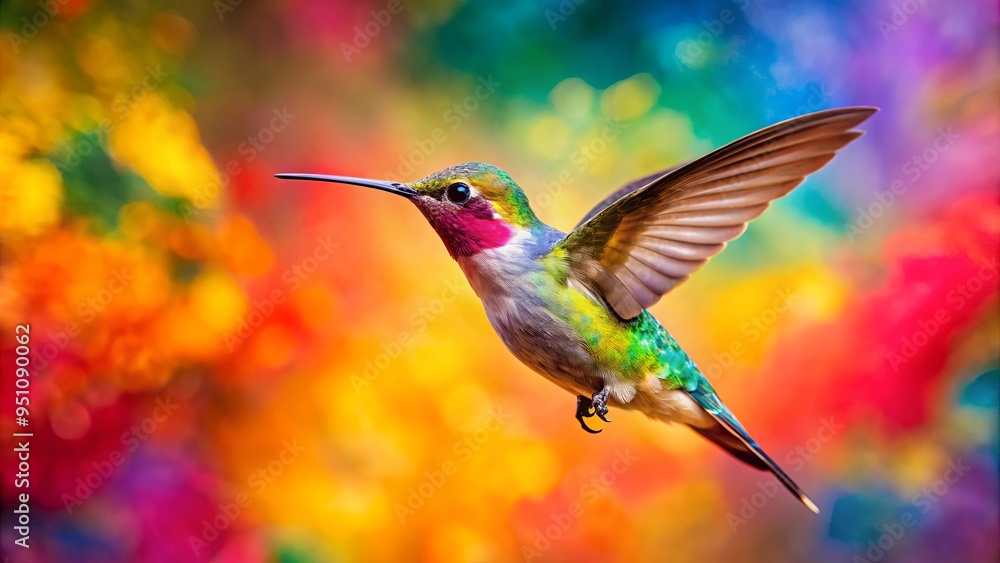 Fototapeta premium A vibrant stock photo of a hummingbird flying over bright paint colors