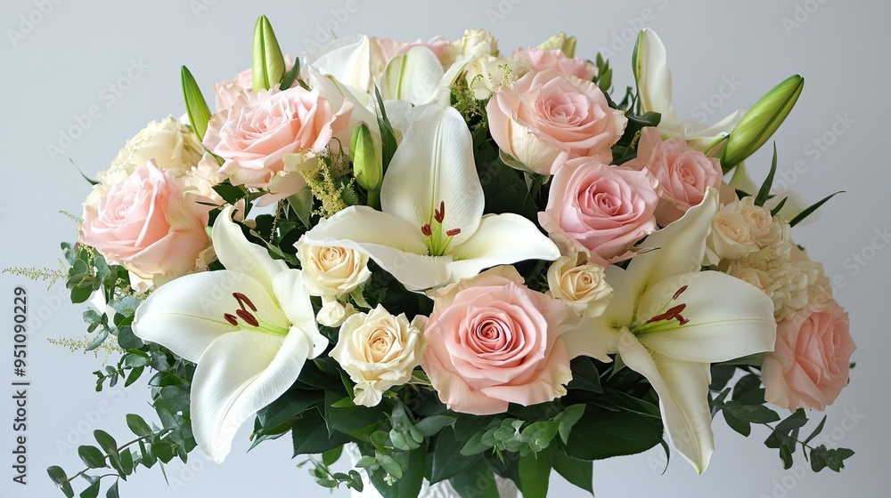 A bouquet of roses and lilies in soft pastel colors, arranged in a vase, ideal for themes of romance, weddings, or celebrations. A bouquet of roses and lilies in soft pastel colors, arranged in a vase, ideal for themes of romance, weddings, or celebrations.