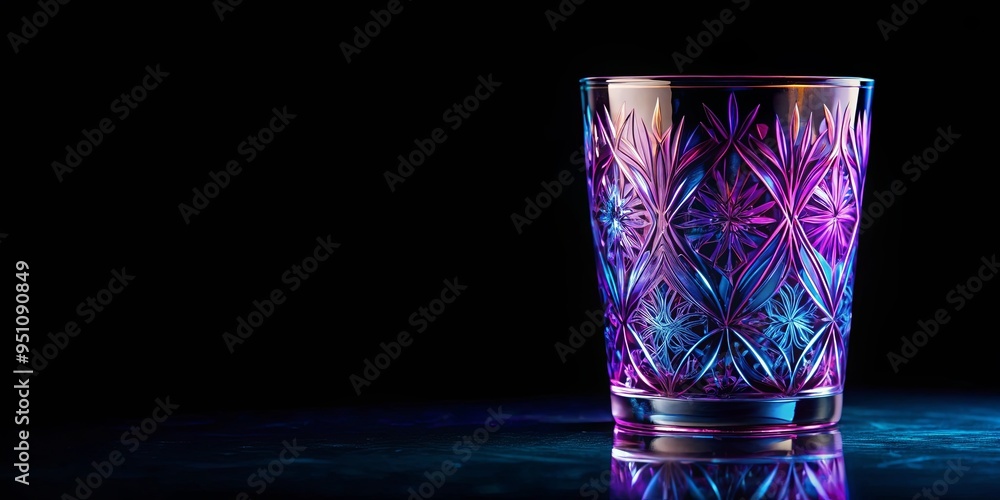 Colorful glass with purple and blue pattern on surface against black background with matching pattern Colorful glass with purple and blue pattern on surface against black background with matching pattern
