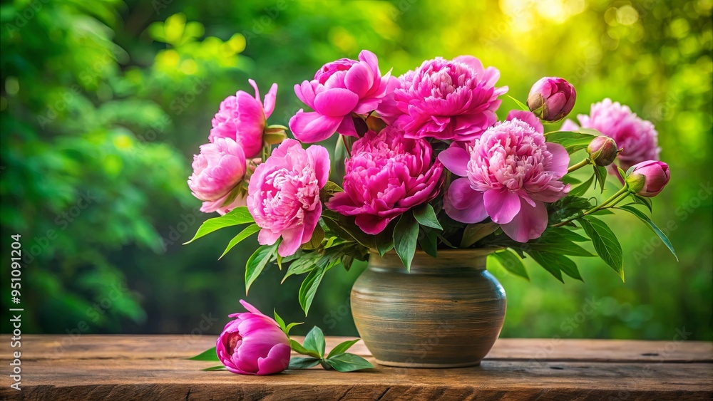 Vibrant pink peonies in ceramic vase with lush green foliage, elegant and serene still life arrangement Vibrant pink peonies in ceramic vase with lush green foliage, elegant and serene still life arrangement
