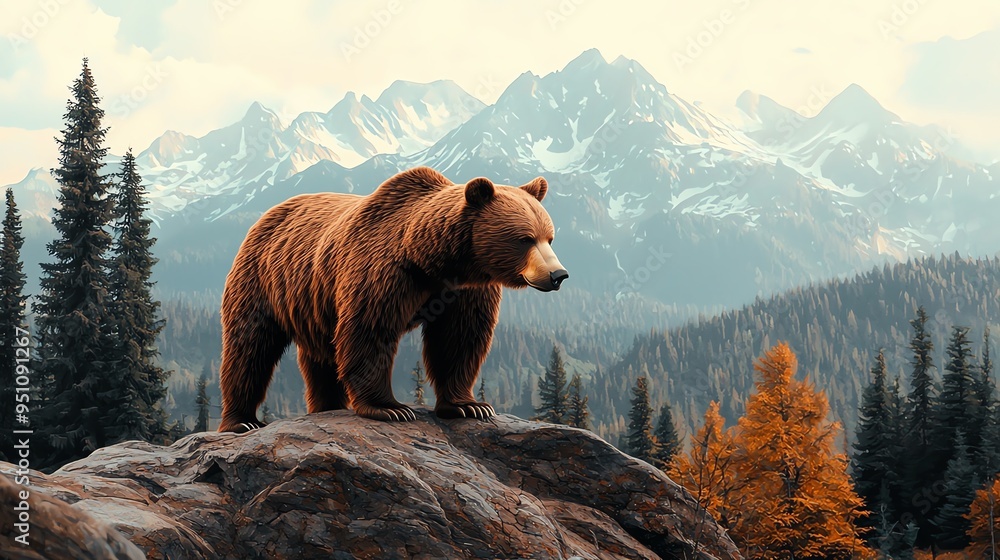 Mountain animals, bears and eagles, rocky terrain, 3D illustration Mountain animals, bears and eagles, rocky terrain, 3D illustration