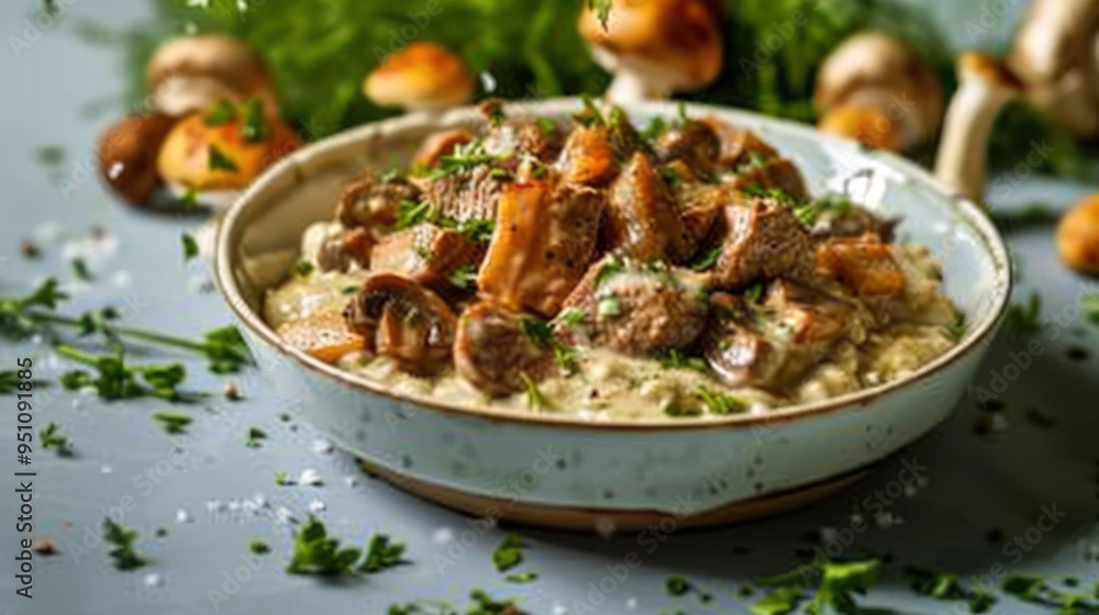a bowl filled with meat and mushrooms on top of a table a bowl filled with meat and mushrooms on top of a table