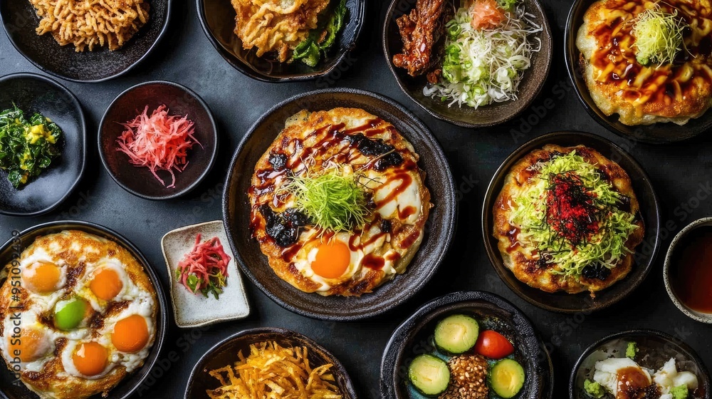 A vibrant spread of Japanese okonomiyaki, with savory pancakes and a variety of toppings. A vibrant spread of Japanese okonomiyaki, with savory pancakes and a variety of toppings.