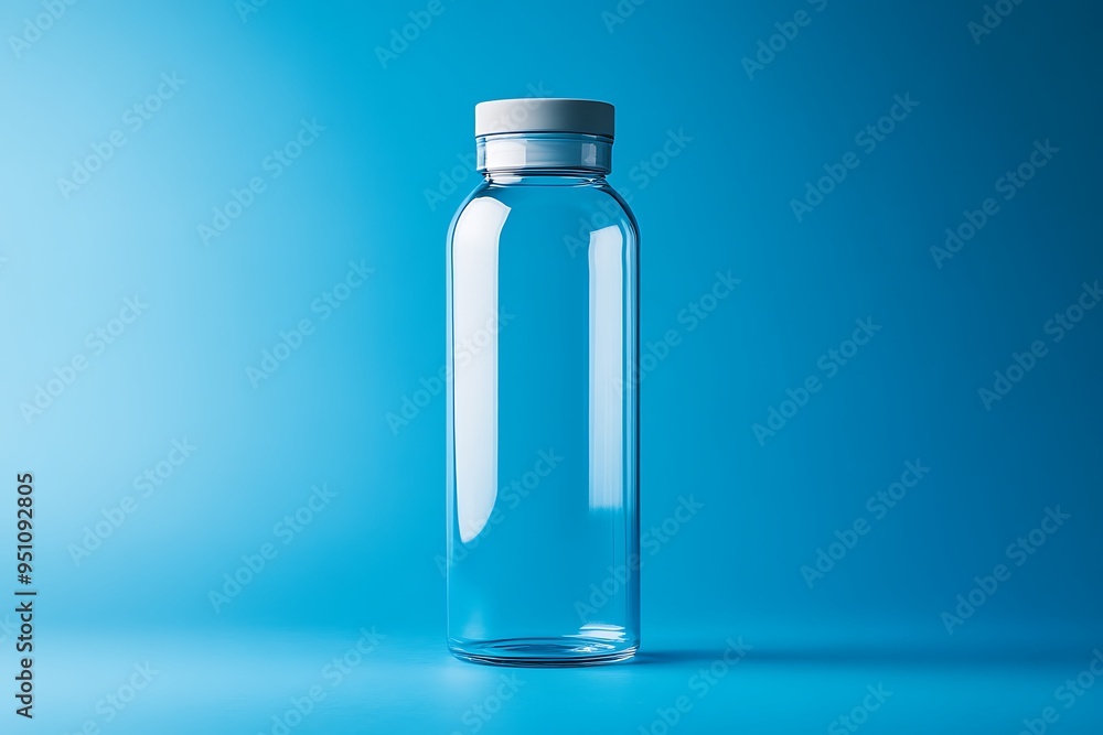 Empty Glass Water Bottle with White Lid on Blue Background Empty Glass Water Bottle with White Lid on Blue Background