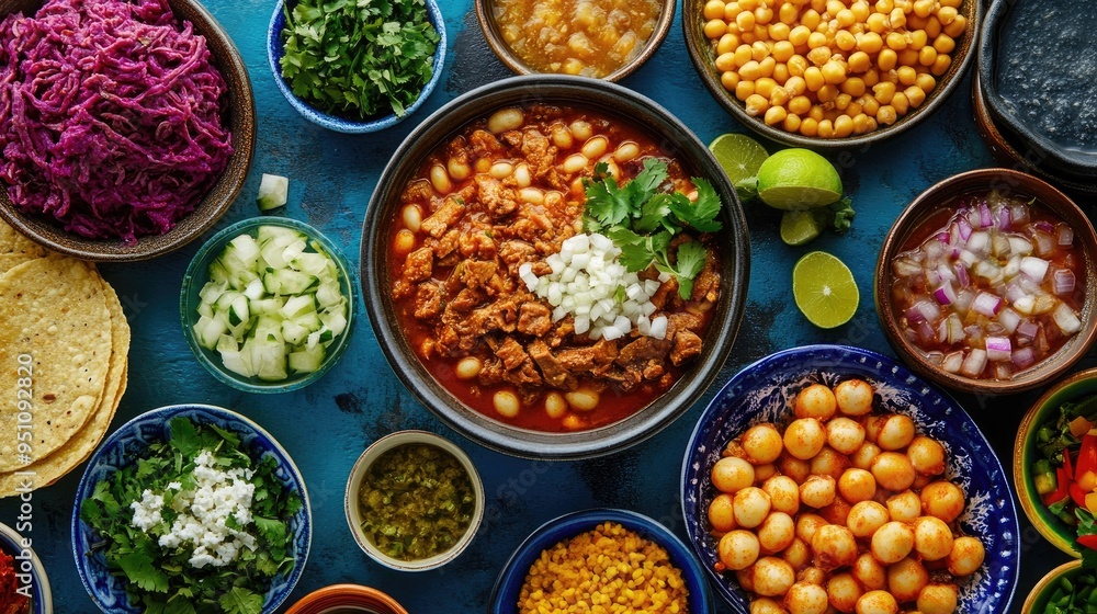 A vibrant spread of Mexican pozole, with hominy, tender meat, and fresh garnishes. A vibrant spread of Mexican pozole, with hominy, tender meat, and fresh garnishes.