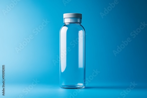 Empty Glass Water Bottle with White Lid on Blue Background