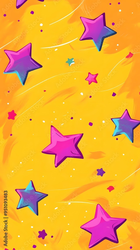 Obraz premium Purple Stars on Yellow Background, Abstract Image, Texture, Pattern, Wallpaper, Cover and Screen for Smartphone, PC, Laptop, 9:16 and 16:9 Format
