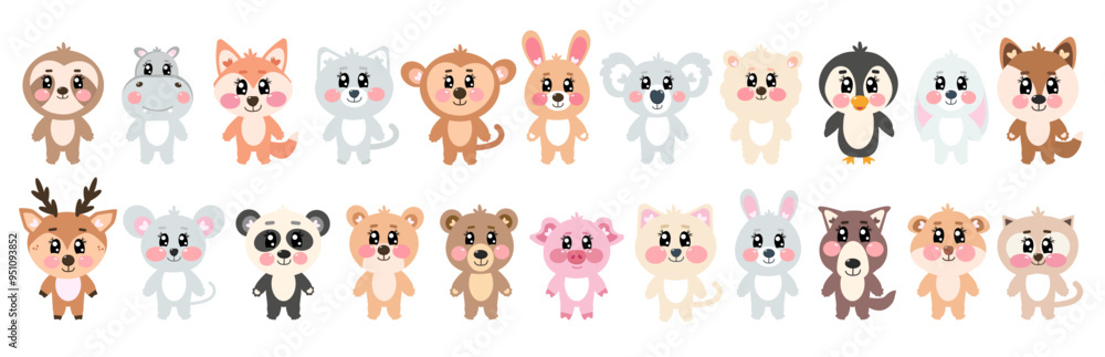 Big set, collection of cute animals in full height on white isolated background. Happy fun full length kawaii pets. Kid, baby graphic design. Kawaii cutie zoo, wild animals vector illustration Big set, collection of cute animals in full height on white isolated background. Happy fun full length kawaii pets. Kid, baby graphic design. Kawaii cutie zoo, wild animals vector illustration