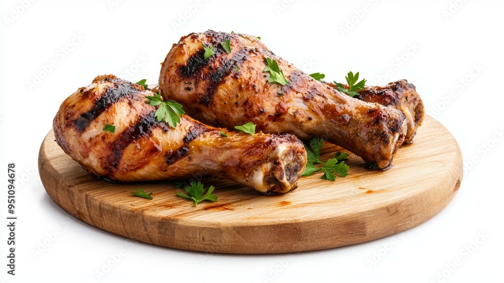Two pieces of grilled chicken with parsley on a wooden cutting board Two pieces of grilled chicken with parsley on a wooden cutting board
